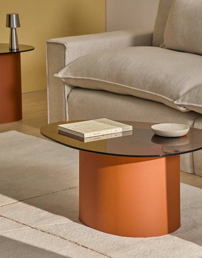 TABLE BASSE OLIR EN VERRE TREMPE ET ACIER MARRON 80 X 74 CM